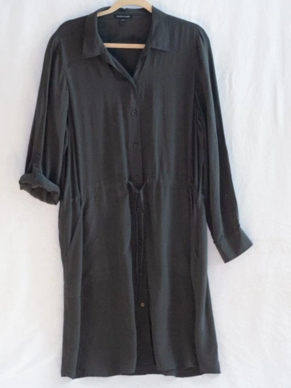 Eileen Fisher Steel Gray Silk Shirt Dress  Roll Tab Cinched Drawstring Pockets L